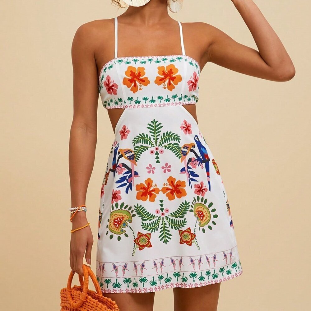White Boho Women's Woven Printed Cutout Waist Spaghetti Strap Mini Dress